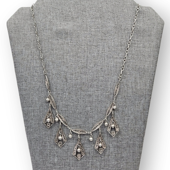 VINTAGE Sterling Filigree Necklace Chain Turkish Style Leaves Flowers 925 Silver - Picture 2 of 11